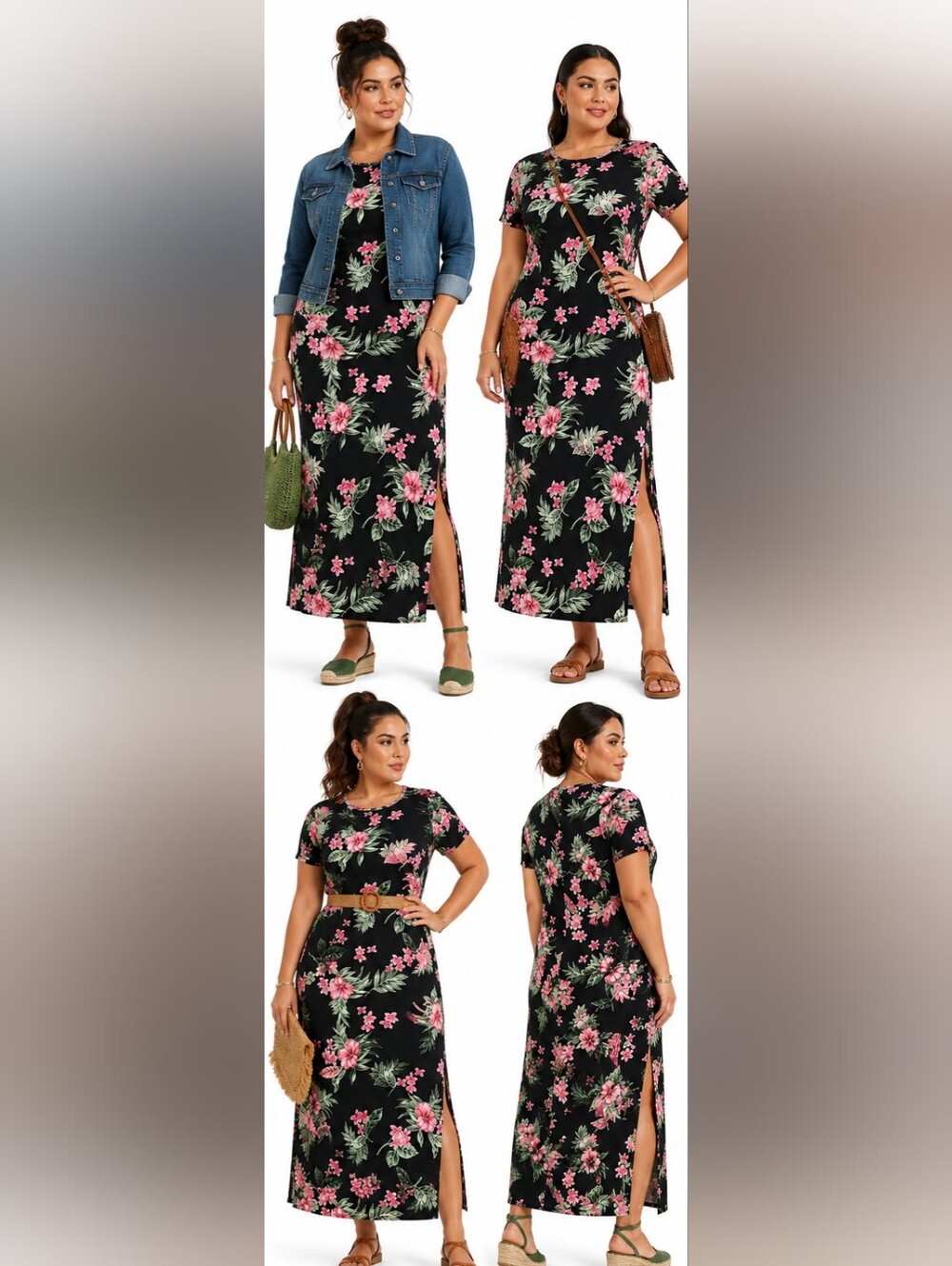 NWT Ashley Blue Tropical Floral Maxi Dress - Side Slit Stretch